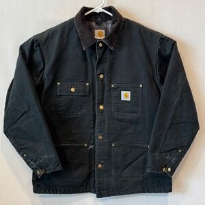 Vtg Carhartt C01 BLK Chore Jacket Blanket Lined Corduroy Collar Mens 44‎ Y2K